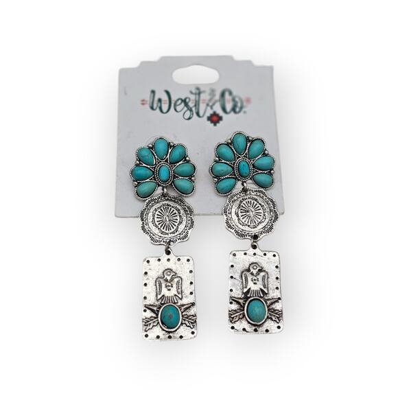 West & Co Turquoise Western Statement Earrings Silver Tone Dangle 3.5” - Picture 8 of 8